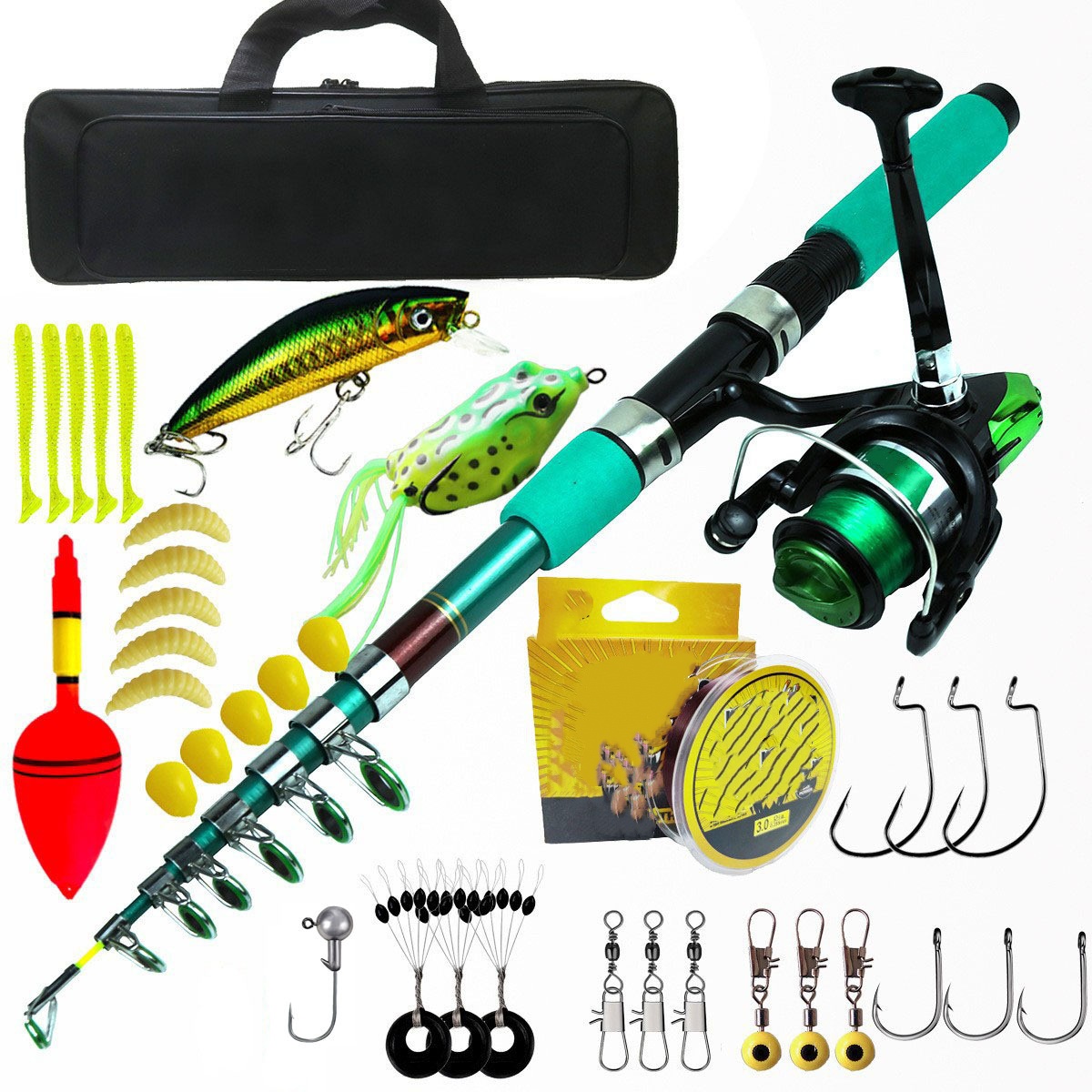 Telescopic Fishing Rod - ชุดคันเบ็ดตกปลาแบบพกพา น้ำหนักเบา คันคาร์ปแบบยืดหดได้ พร้อมรอก กระเป๋าผ้าใยแก้ว อุปกรณ์ตกปลาสำหรับทะเลสาบ
